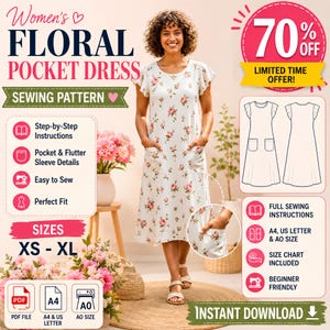 Puede incluir: Un patrón de costura digital para un vestido floral con bolsillos y mangas con volantes. Incluye instrucciones paso a paso, tabla de tallas de XS a XL y archivos para impresión en A4, US letter y A0. El diseño tiene cuello redondo y bolsillos.