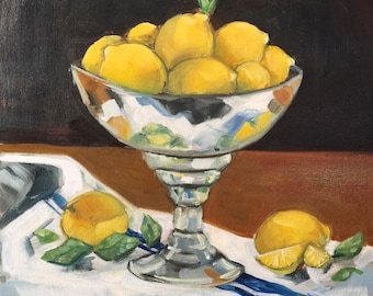Original Ölgemälde – Zitronen Stillleben mit Vintagem Kompott, impressionistische Küchenkunst (20x30)