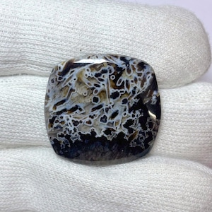 May include: A polished, square-shaped gemstone cabochon featuring a complex pattern of dark brown, black, and translucent white inclusions. The stone displays intricate, branching, and circular dendritic formations throughout its smooth, glossy surface.