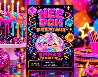 May include: A rectangular birthday party invitation with a black background featuring the neon text NEE DOH BIRTHDAY BASH and EMMA'S 6TH BIRTHDAY. The design includes a glittery, smiling character, floating cubes, and event details for Saturday, August 24.