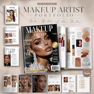 Pode incluir: Um modelo digital de portfólio para maquiadores com uma capa estilo revista apresentando um retrato, vários layouts de páginas internas e texto incluindo Makeup Artist Portfolio, Editorial Glam e Bridal to Bold, nos tamanhos A4 e US Letter.
