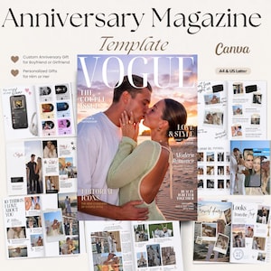 May include: A digital magazine template for Canva featuring a central cover image of a couple kissing at sunset with the text VOGUE, THE COUPLE ISSUE, LOVE & STYLE, MODERN ROMANCE, and EDITORIAL ICONS, surrounded by various interior page layouts.