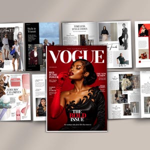 Op de afbeelding: Een Vogue-tijdschriftomslag met een persoon in een zwarte jurk met één schouder, versierde details en een lange rode handschoen, tegen een dieprode achtergrond. De tekst luidt Vogue, The Bold Issue, Red Is The Power en Fashion For Fearless.