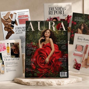 Op de afbeelding: Een verzameling van vijf mode- en beautymagazines op stenen plateaus. Het centrale tijdschrift, getiteld AURA, toont een persoon in een grote roosvormige jurk. Andere tijdschriften tonen schoonheidsproducten, make-upstalen en teksten.
