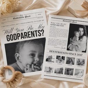 Godmother proposal newspaper template, Will you be my Godmother, Printable Godparents gift, Godfather keepsake, Canva template