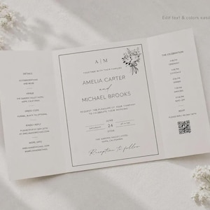 May include: A tri-fold wedding invitation card in white with black text and a floral illustration. The center panel features the names Amelia Carter and Michael Brooks, while the side panels list event details, a schedule, and a QR code.