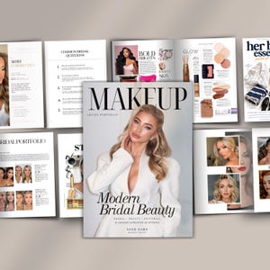 May include: A makeup artist portfolio template featuring a cover with a blonde person in a white blazer, titled MAKEUP Modern Bridal Beauty. The layout includes multiple pages showing bridal portfolios, common questions, and beauty product spreads.