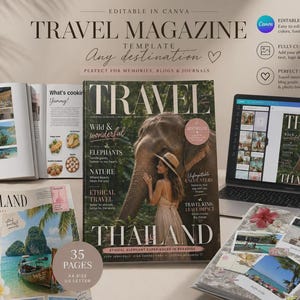 Puede incluir: Un conjunto de plantillas de revista de viajes digital con múltiples diseños de página, incluida una portada con un elefante y una persona con sombrero, mostrada en una pantalla de portátil y páginas impresas. El texto incluye Travel Magazine y Thailand.