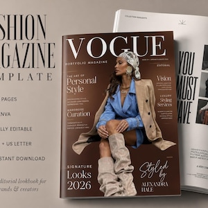 Può includere: Un modello di rivista di moda digitale con copertina marrone, il titolo VOGUE, il testo The Art of Personal Style e l'immagine di una persona con blazer blu, cappotto beige e stivali beige. Include 30 pagine, compatibilità Canva e formati A4/US.
