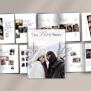 以下が含まれることがあります： 雪の森にいる二人の写真が表紙の「Our Love Story」というタイトルのフォトブック。内側のページには、思い出、旅行、個人的な出来事を記録した様々な写真、手書き風のテキスト、レイアウトが掲載されています。