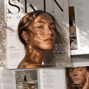 May include: A magazine titled Skin Society, Edition No. 01, featuring a portrait of a person with freckles on the cover. The text includes The Ultimate Guide to Healthy, Radiant Skin, Beauty Beyond Surface, and sections on skincare, treatments, wellness, products, and expert advice.