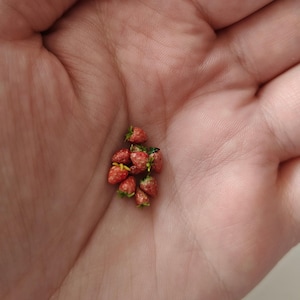 May include: A collection of eight miniature red strawberries with small green stems and textured surfaces. Each tiny fruit features a speckled exterior and a conical shape, clustered together to show their extremely small scale and detailed design.