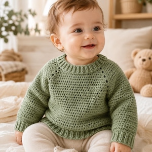 May include: A sage green long-sleeved sweater featuring a textured knit pattern, a ribbed crew neckline, and ribbed cuffs. The garment has a raglan sleeve construction with visible decorative eyelet detailing along the shoulder seams.