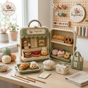Puede incluir: Un set de panadería de ganchillo con una maleta de color verde salvia y crema que se abre para revelar estantes con pasteles en miniatura tejidos, incluyendo una baguette, un pretzel, pasteles, macarons, un bolso pequeño y un gorro de chef.