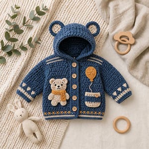 Crochet Bear Hoodie Sweater Pattern, Baby Cardigan PDF, Bear Ear Jacket (Digital Download)
