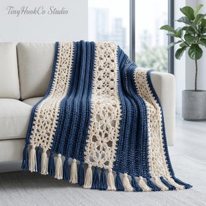 Floral Stripe Crochet Blanket Pattern PDF, Flower Lace Throw Crochet Pattern, Blue Cream Afghan, Modern Boho Blanket DIY