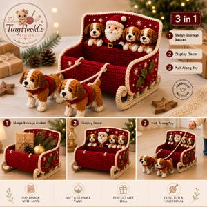 Crochet Christmas Sleigh Storage Basket Pattern, Santa & Puppy Amigurumi, Holiday Decor, Pull Along Sleigh Crochet PDF