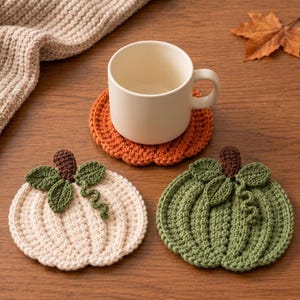 May include: Three round crochet coasters shaped like pumpkins in cream, sage green, and burnt orange. Each coaster features a dark brown stem, two green leaves, and a small curly vine. A plain white ceramic mug sits on the orange coaster.