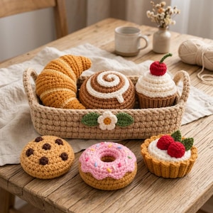 May include: A beige crocheted basket containing a crocheted croissant, cinnamon roll, and cupcake with a cherry. Outside the basket are a chocolate chip cookie, a pink frosted donut with sprinkles, and a berry tart with green leaves.