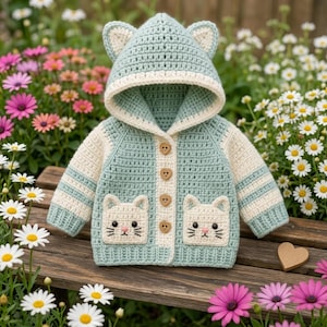 May include: A light sage green and cream crocheted hooded cardigan featuring a cat-ear hood, long sleeves with cream stripes, and two front pockets shaped like cat faces. The garment is fastened with four heart-shaped wooden buttons.