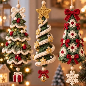 May include: Three hanging crochet Christmas tree ornaments. The left tree has red berries and a cream bow. The centre tree features a spiral cream garland with yellow stars and pearls. The right tree is decorated with cream flowers and red bows.