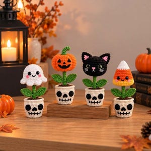 Patrón de planta de ganchillo de Halloween, amigurumi de calabaza fantasma, gato negro y caramelos de maíz, PDF de ganchillo de maceta con calavera, decoración espeluznante de otoño