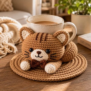 May include: A brown crocheted cat-shaped mug cozy with a small dark brown bow tie, black plastic eyes, and white accents on the ears and paws. The cozy is wrapped around a speckled cream-colored ceramic mug sitting on a round crocheted coaster.