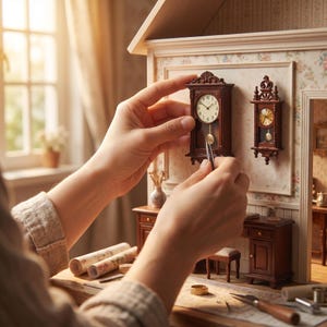 May include: Two miniature wooden wall clocks with ornate detailing and pendulum features mounted on a dollhouse wall. The larger clock has a cream face with black numerals, while the smaller clock features a gold face. Both are dark brown wood.