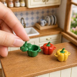May include: Three miniature lidded pots shaped like bell peppers in green, red, and yellow. Each pot features a stem-shaped handle on the lid and two small side handles. The green pot is shown with its lid removed, revealing a hollow interior.
