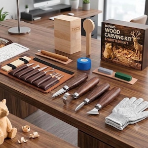 May include: A wood carving and whittling kit featuring a brown box labeled BLUVIZO, seven wooden blocks, a leather tool roll with metal carving knives, four additional wood-handled carving tools, a blue tape roll, sharpening stones, and a gray glove.