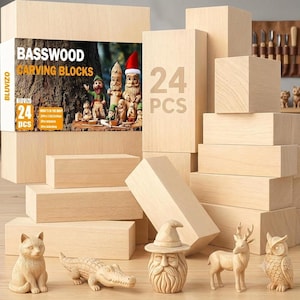 May include: A set of 24 light-colored basswood carving blocks in various rectangular sizes. The packaging features the text BASSWOOD CARVING BLOCKS 24 PCS and images of carved figures. Five finished wood carvings of a cat, alligator, wizard, deer, and owl are displayed in front.