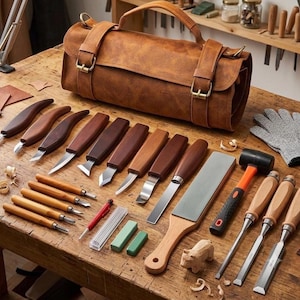 May include: A brown leather tool roll bag sits behind an assortment of woodworking tools including various carving knives with wooden handles, a sharpening stone, a rubber mallet, three chisels, a grey cut-resistant glove, and small sharpening blocks.