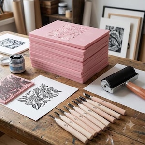 May include: A stack of rectangular pink linoleum blocks for printmaking, accompanied by a black rubber brayer with a wooden handle, a set of carving tools with light wood handles, a jar of black ink, and printed paper featuring floral designs.