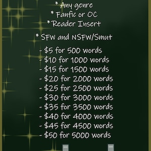 May include: A dark green sign with white text reading Writing Commissions, 18+ only, Any genre, Fanfic or OC, Reader Insert, SFW and NSFW/Smut, and a list of word counts from 500 to 5000 with corresponding prices from $5 to $50, with book silhouettes.