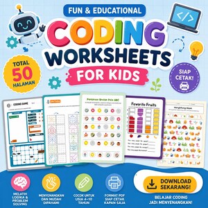 May include: A digital educational product titled Coding Worksheets for Kids featuring 50 pages of printable activities. The design includes a cartoon robot, a laptop, and a lightbulb icon, with sample worksheets showing logic games, patterns, and counting.