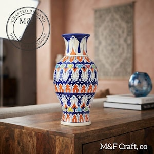 Hand-Painted Ceramic Flower Vase, Bohemian Blue Pottery Table Decor, Artisan Home Accent