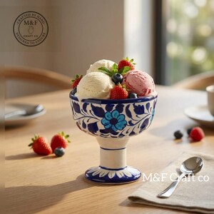 Hand-Painted Blue Pottery Ice Cream Bowls, Ceramic Dessert Coupe Set
