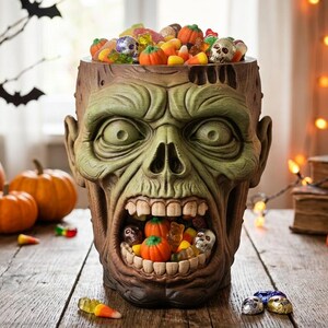 Può includere: Un contenitore a forma di testa di zombie scolpita con la bocca spalancata, riempito con caramelle di Halloween assortite, tra cui zucche gommose, teschi e caramelle al mais. Il contenitore presenta texture facciali dettagliate.