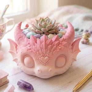 May include: A light pink dragon-shaped planter featuring textured scales, small wings, and a heart-shaped detail on the forehead. The planter holds a green succulent surrounded by smooth, multicolored pastel pebbles in its open top section.