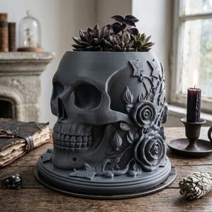 May include: A matte dark gray skull-shaped planter featuring intricate relief carvings of blooming roses and ivy vines along the side. The top of the skull is open, containing several small succulent plants with dark green and purple foliage.