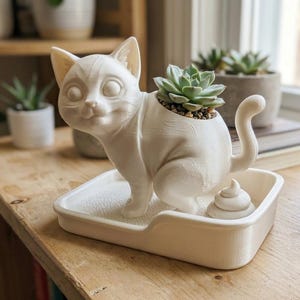 Pode incluir: Um vaso branco impresso em 3D em forma de gato com uma suculenta nas costas. O gato está numa posição de agachamento dentro de um tabuleiro retangular branco a condizer, com um pequeno monte branco esculpido atrás sobre o tabuleiro.