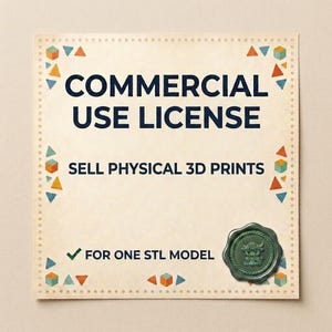 Pode incluir: Um documento quadrado intitulado COMMERCIAL USE LICENSE com o texto SELL PHYSICAL 3D PRINTS e FOR ONE STL MODEL. A borda apresenta pequenas formas geométricas coloridas e um selo de cera verde com uma ilustração de um touro.