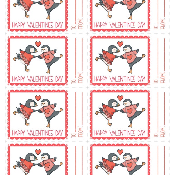 Penguin and Puffin Valentine's Day Cards - School Valentine, Print yourself PDF JPG, Print at home Valentine