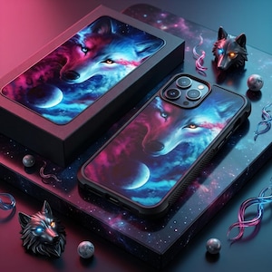 May include: A black smartphone case and a matching rectangular box, both featuring a vibrant graphic of a wolf face set against a cosmic nebula background with a crescent moon. Two small, sculpted wolf head ornaments with glowing eyes are included.