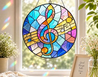 Music Note Stained Glass Suncatcher, Colorful Treble Clef Window Hanging, Music Teacher Gift, Music Lover Decor for Musician