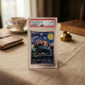 May include: A graded trading card featuring a Venusaur illustration in a Starry Night art style, encased in a clear plastic slab. The label at the top displays 2023 POKEMON SVP, PIKACHU WITH THE STARRY NIGHT, #666, and GEM MT, with some text blurred.