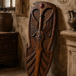 May include: A tall, dark brown wooden shield featuring an intricate relief carving of a central sword with wings. The design includes two embedded oval red gemstones, one at the top and one in the center. The text NauticalCraftLondon is visible.