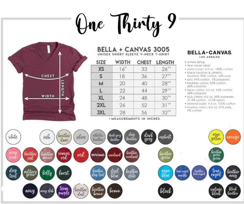 K&ouml;nnte beinhalten: Ein weinrotes Unisex-V-Ausschnitt-T-Shirt mit Gr&ouml;&szlig;en- und Farboptionen. Das Shirt ist ein Bella + Canvas 3005, mit Ma&szlig;en in Zoll. Zu den Farboptionen geh&ouml;ren Schwarz, Marine und melierte Farben.