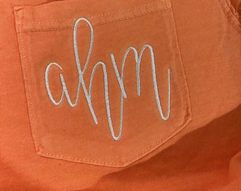 Monogrammed Comfort Colors Pocket T-Shirt - Embroidered Initial Tee - Monogram on left chest pocket t-shirt - Perfect Gifts for Her - Bridal