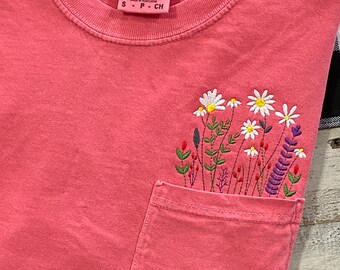 BOHO Flowers Peeking Out of Pocket - Comfort Colors - Embroidered Wildflower Pocket T-Shirt - Boho Floral - Flowers on left chest pocket